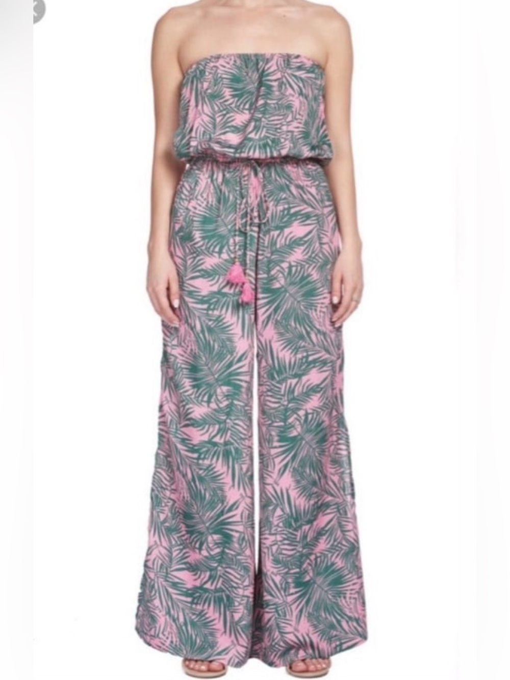 ELAN Palm Leaf Strapless Jumpsuit Flowy Wide Leg Medium - C67-089